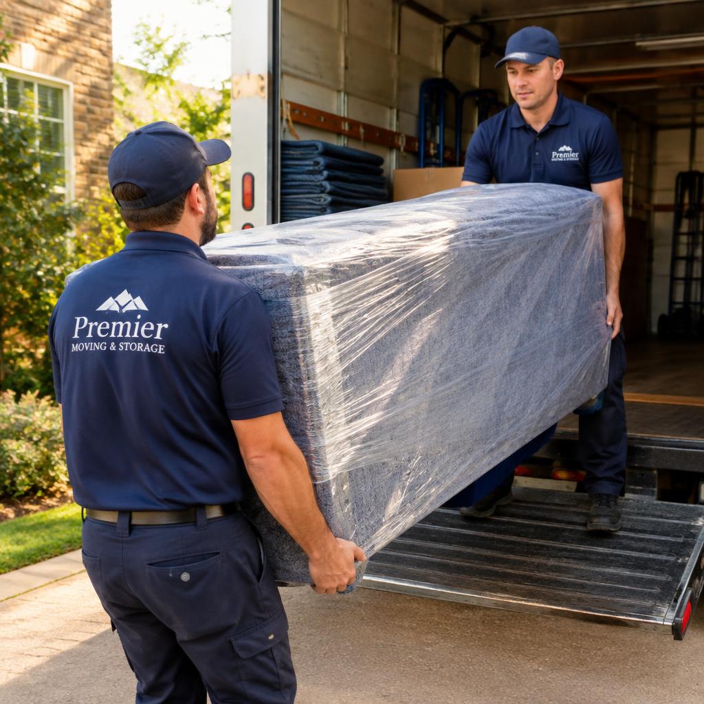 Professional movers carrying wrapped furniture into a truck